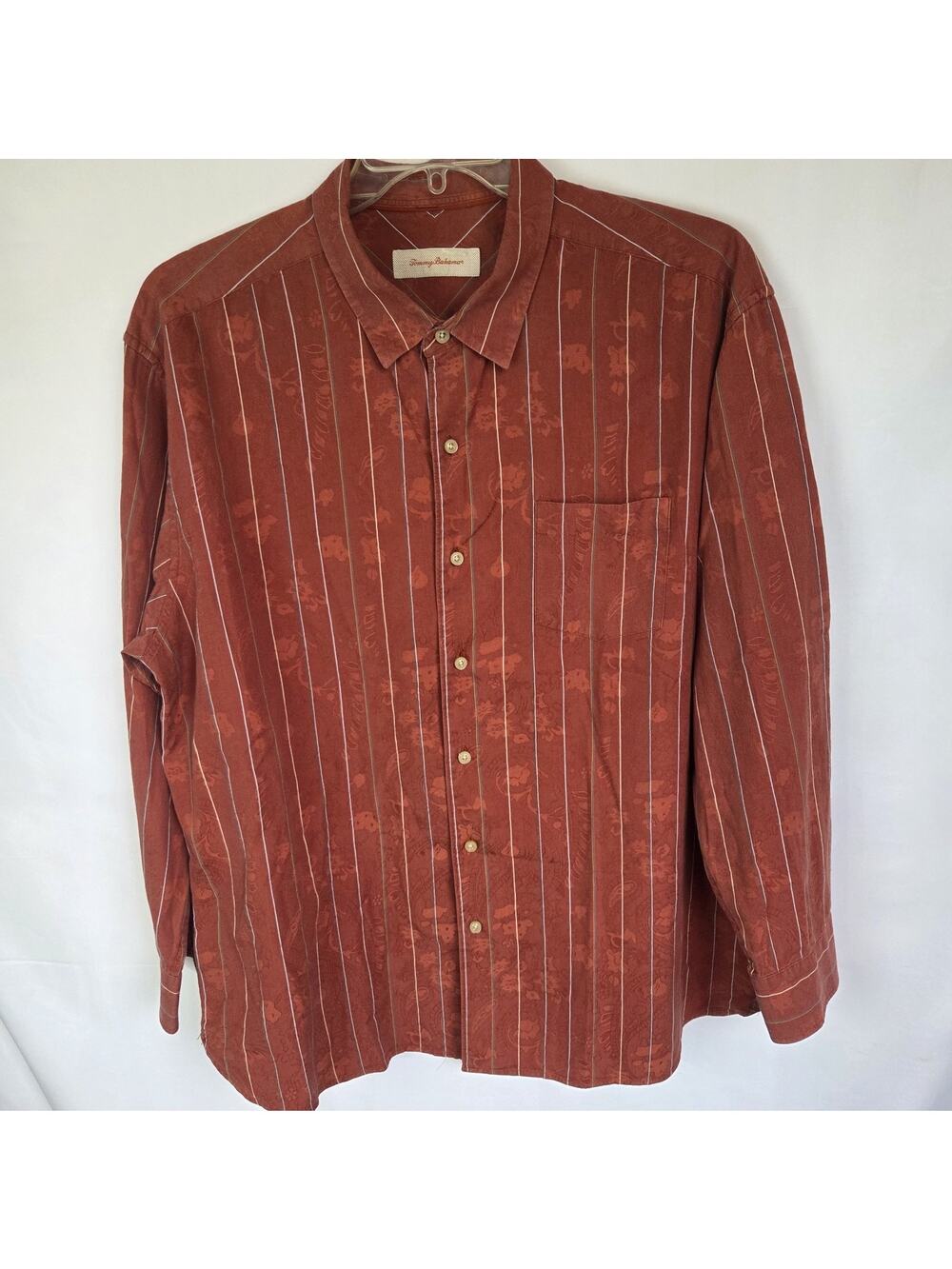 Tommy Bahama Men’s XXL Silk Cotton Button Front Shirt Rust Stripe Floral Pocket